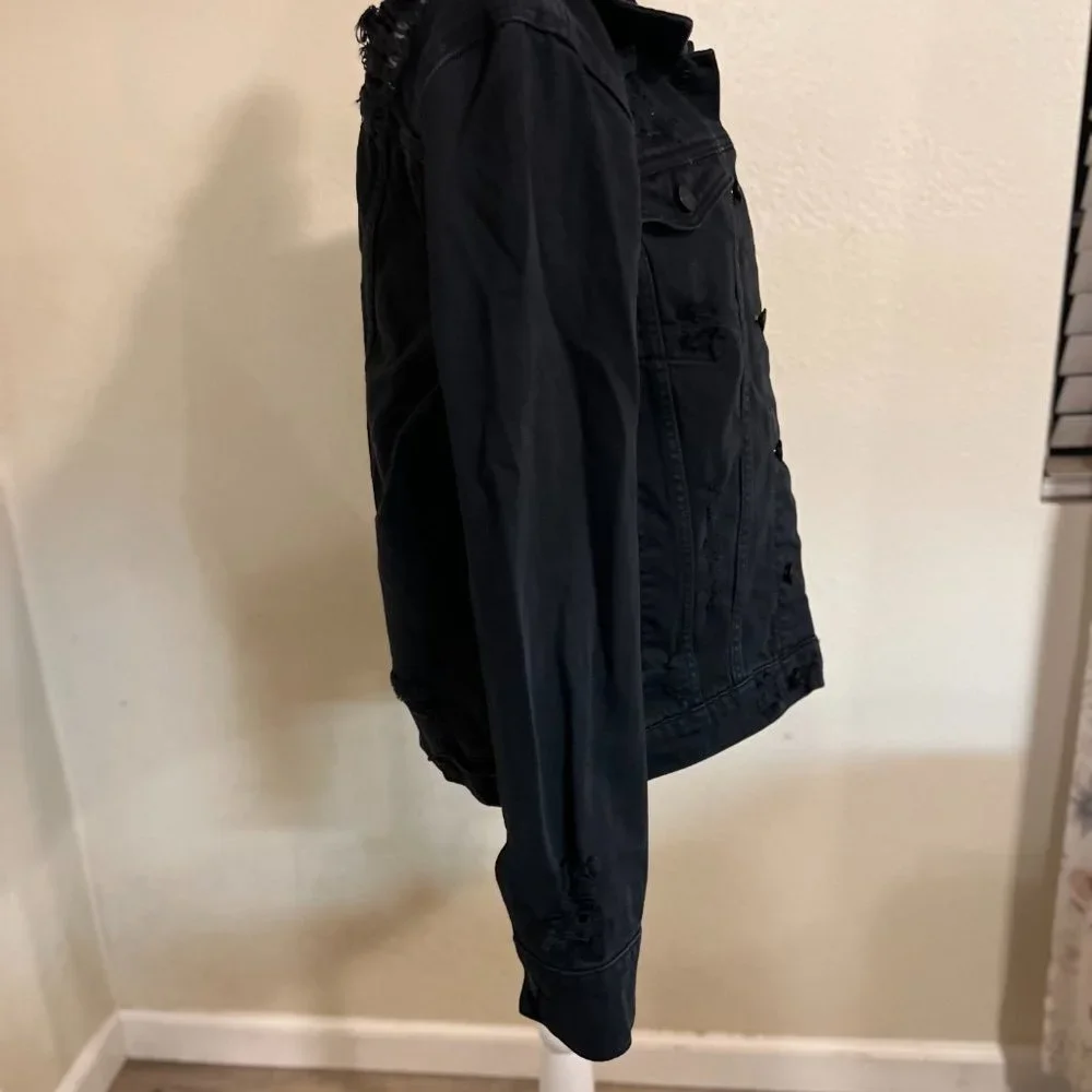 Unisex Black Refuge Distressed Jean Jacket Size Large - Picture 7 of 13